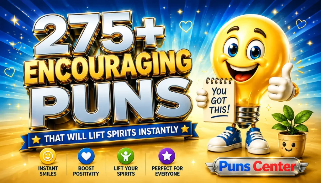 Premium 3D chrome typography reading 275+ Encouraging Puns That Will Lift Spirits Instantly with a cheerful lightbulb mascot and Puns Center branding.
