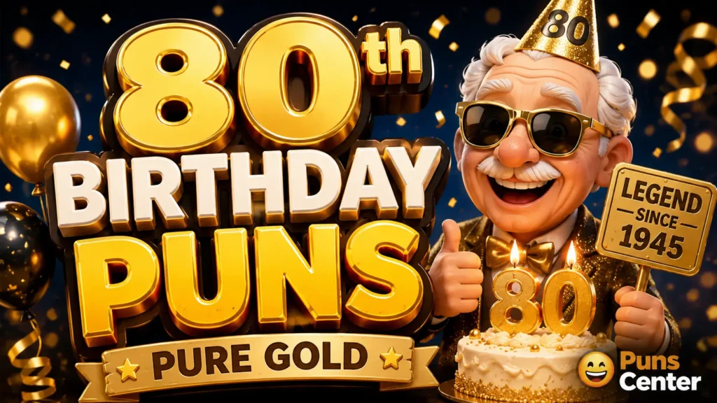 80th birthday puns featured image with gold 3D birthday typography and festive celebration