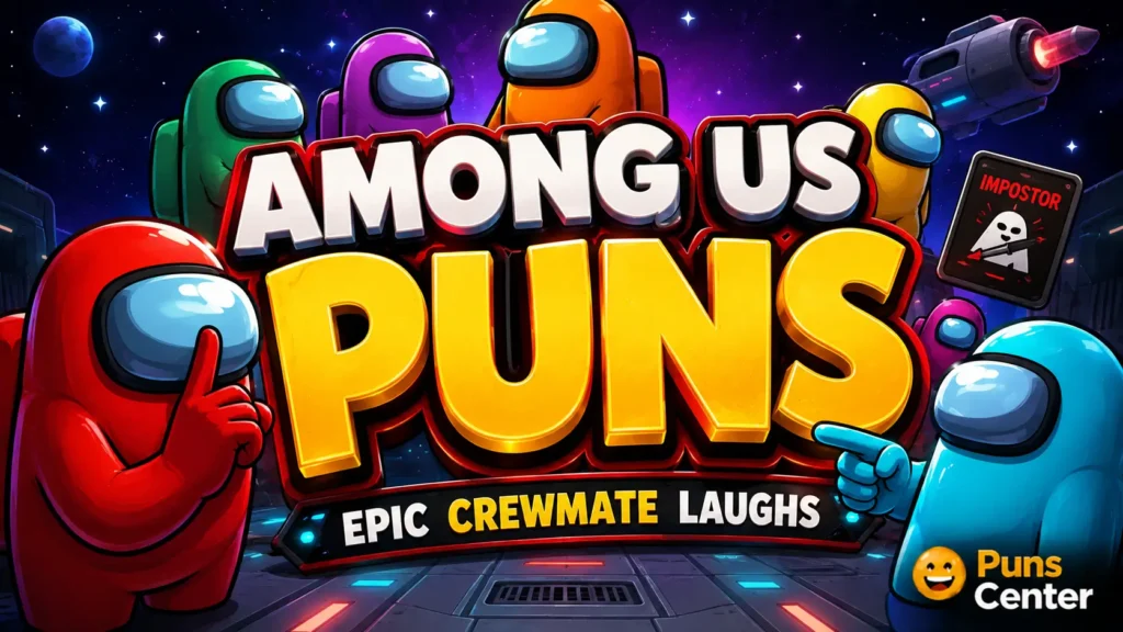 Among Us puns featured image with colorful crewmates and bold gaming typography