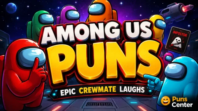 Among Us puns featured image with colorful crewmates and bold gaming typography