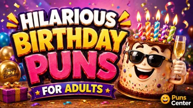 Birthday puns for adults featured image with colorful cake and festive typography