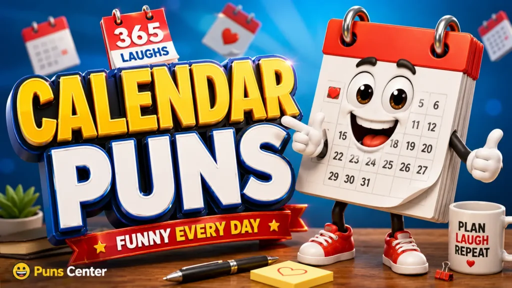 Calendar Puns featured image with a cheerful cartoon calendar and bold 3D typography