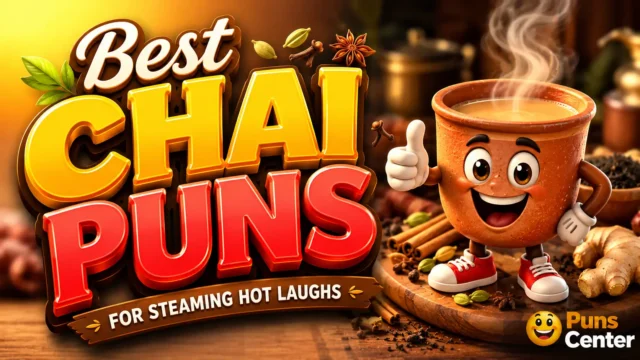 Best chai puns with a steaming hot chai cup, spices, and playful typography