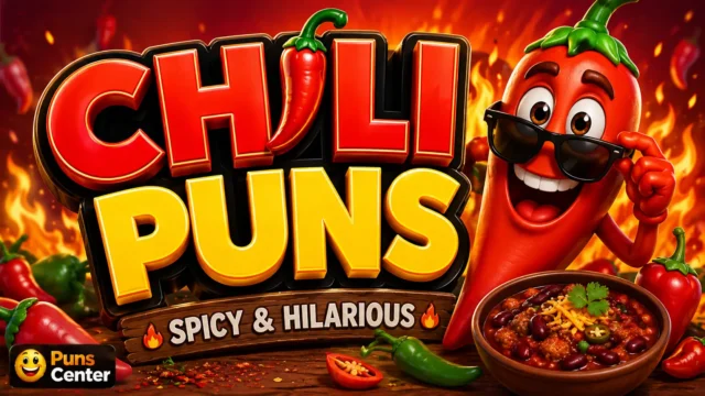Chili puns featured image with bold 3D typography and a cheerful chili pepper mascot.