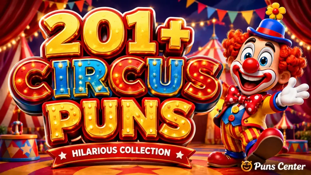 Featured image for circus puns with bold 3D lettering and a cheerful clown mascot.