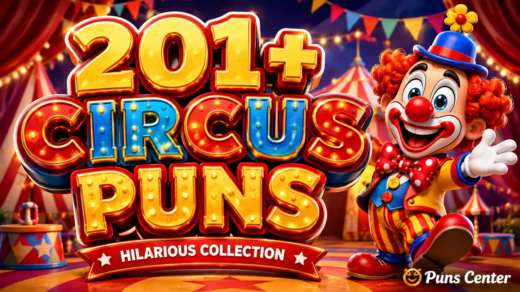 Featured image for circus puns with bold 3D lettering and a cheerful clown mascot.