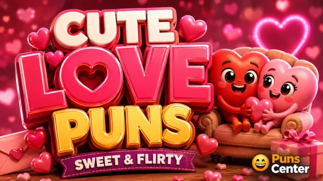 Cute love puns in glossy 3D lettering with adorable heart characters and romantic Valentine-themed design.