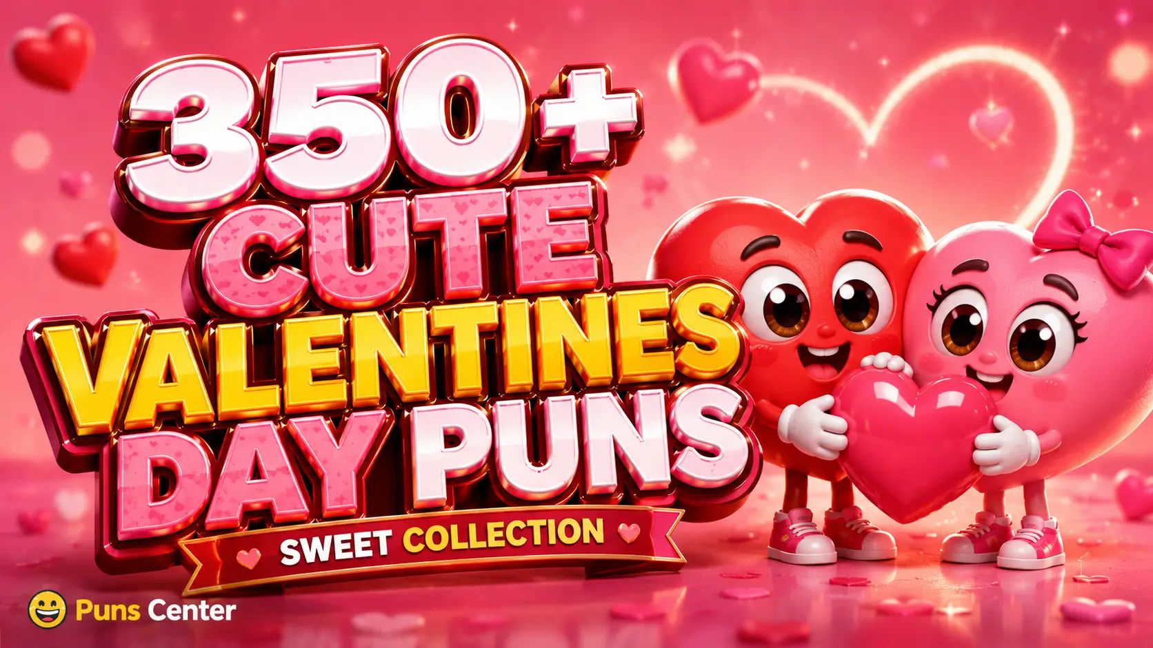 350+ cute valentines day puns with adorable heart mascots and bold 3D typography