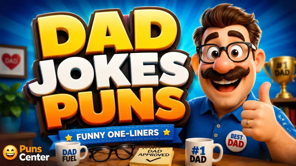 Dad jokes puns featured image with bold 3D lettering and a cheerful cartoon dad.