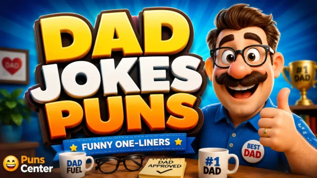 Dad jokes puns featured image with bold 3D lettering and a cheerful cartoon dad.
