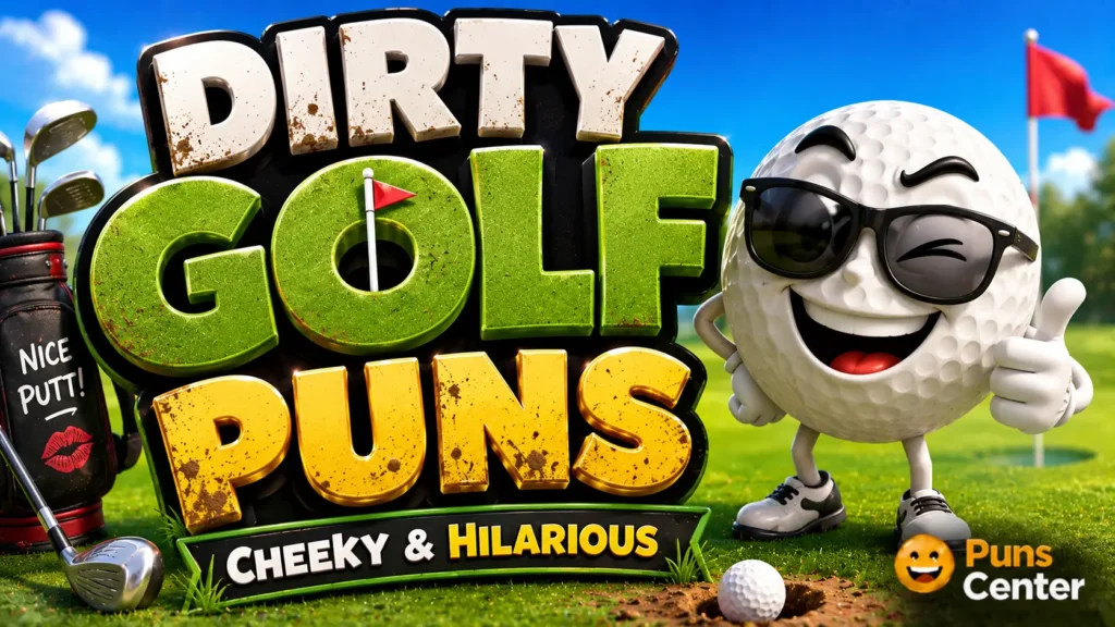 Colorful golf scene featuring bold 3D text for dirty golf puns