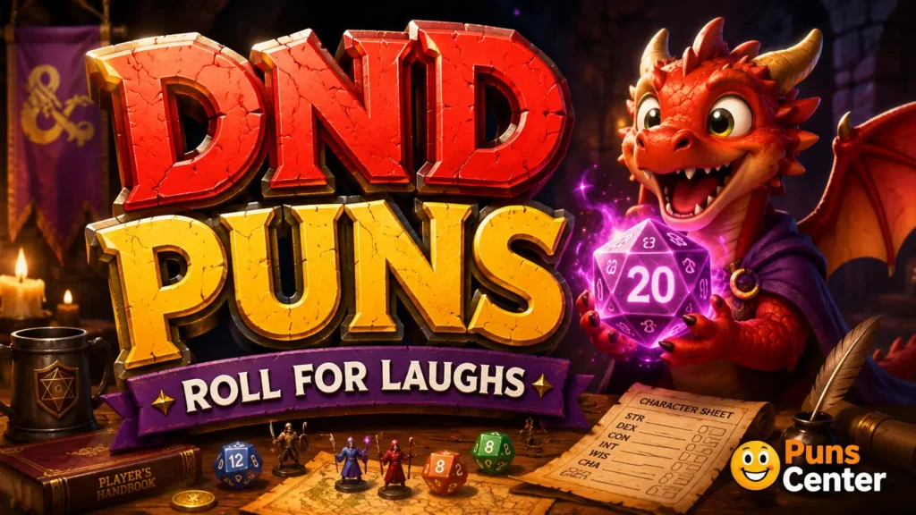 DND puns featured image with a red dragon holding a glowing natural 20 die