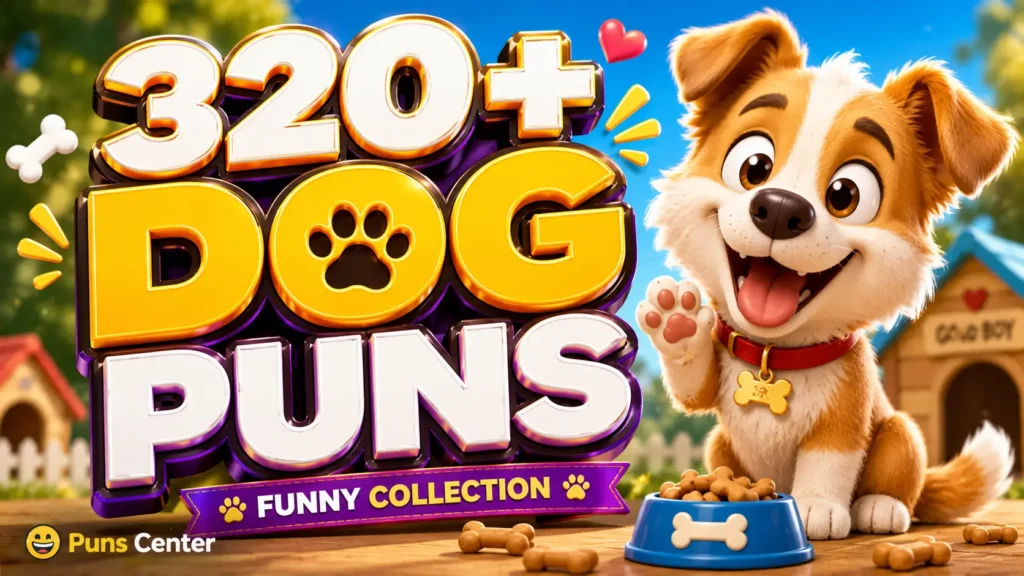 320+ dog puns funny with a cheerful dog mascot and bold 3D typography