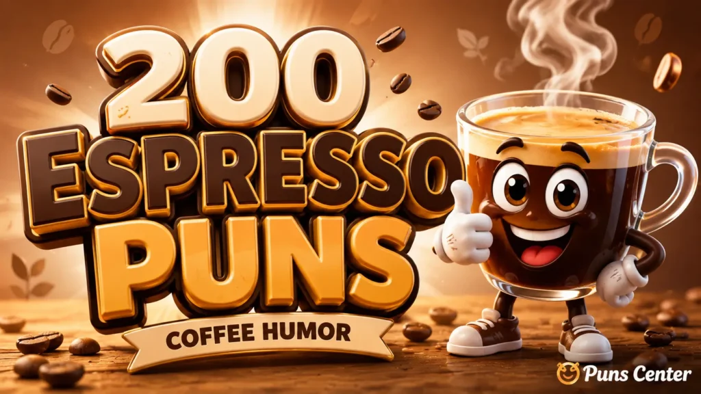 Featured image for espresso puns with bold 3D lettering and a smiling espresso cup mascot.