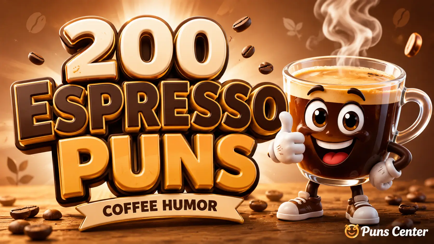 Featured image for espresso puns with bold 3D lettering and a smiling espresso cup mascot.