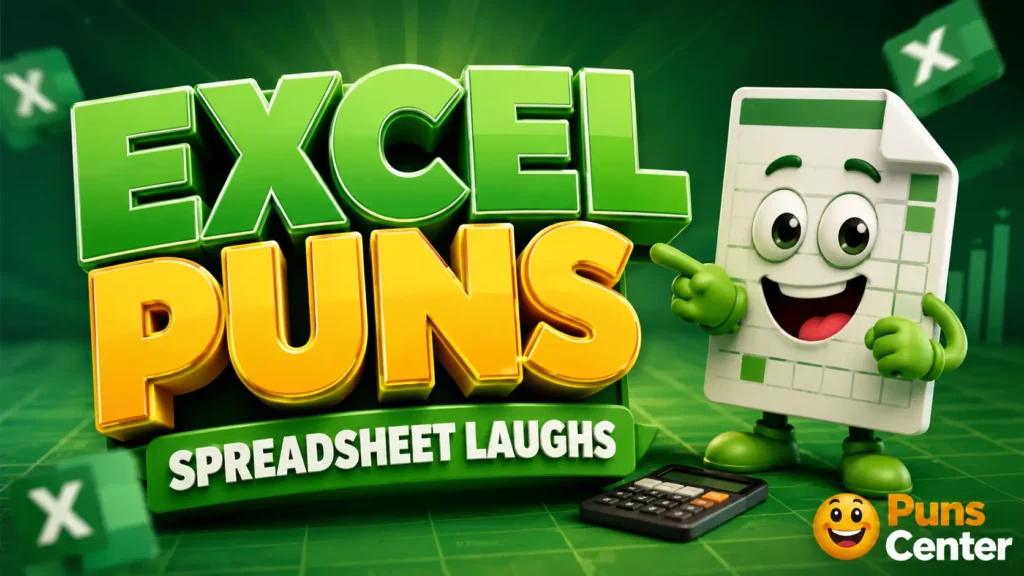 Excel puns featured image with bold 3D typography and a cheerful spreadsheet mascot.
