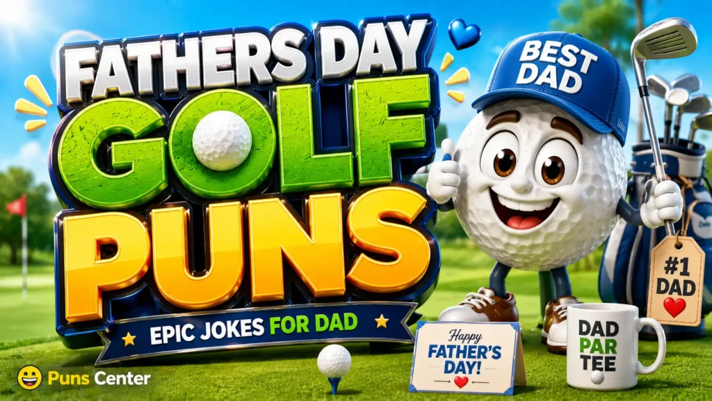 Fathers day golf puns featured image with a cheerful golf ball dad mascot