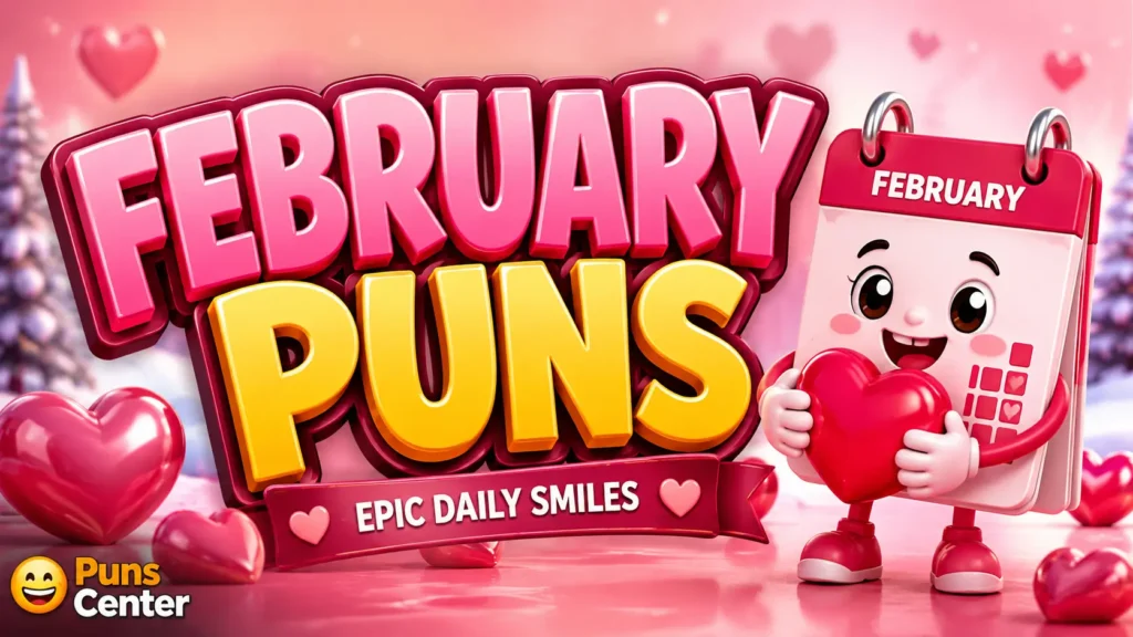 February puns featured image with colorful 3D typography, hearts, winter scenery, and a calendar mascot.