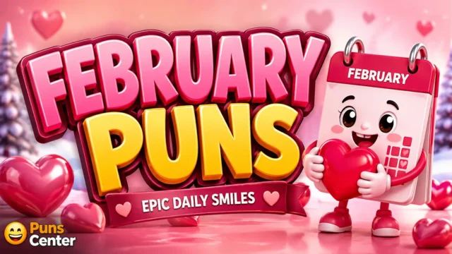 February puns featured image with colorful 3D typography, hearts, winter scenery, and a calendar mascot.