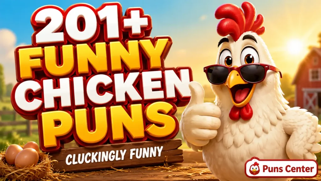 Featured image for funny chicken puns with bold 3D typography, a smiling cartoon chicken mascot, and a sunny farm background.