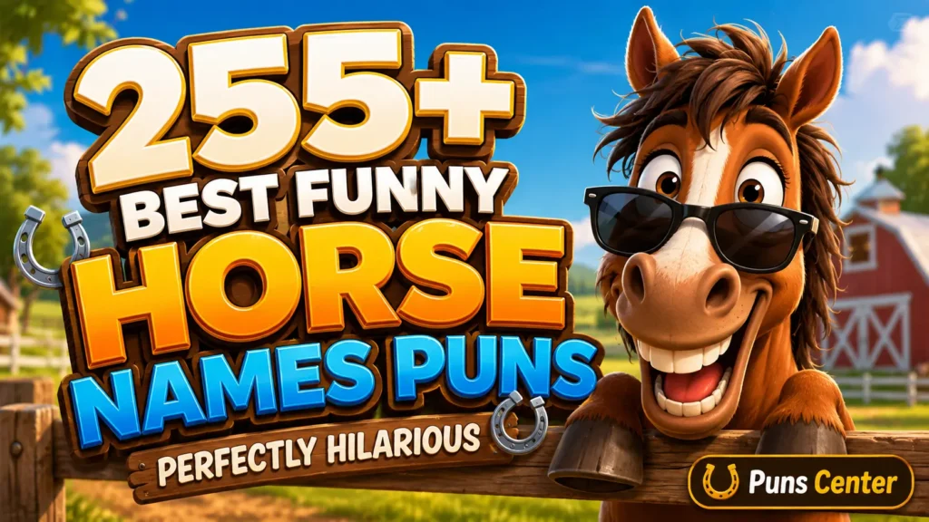 Featured image for funny horse names puns with bold 3D text and a cheerful horse mascot.