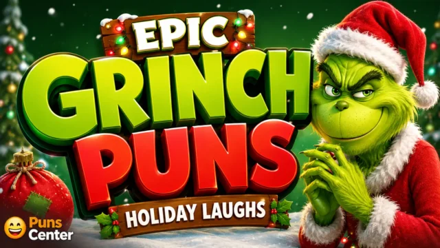 Grinch puns featured image with bold 3D Christmas typography and a cheerful green holiday mascot.