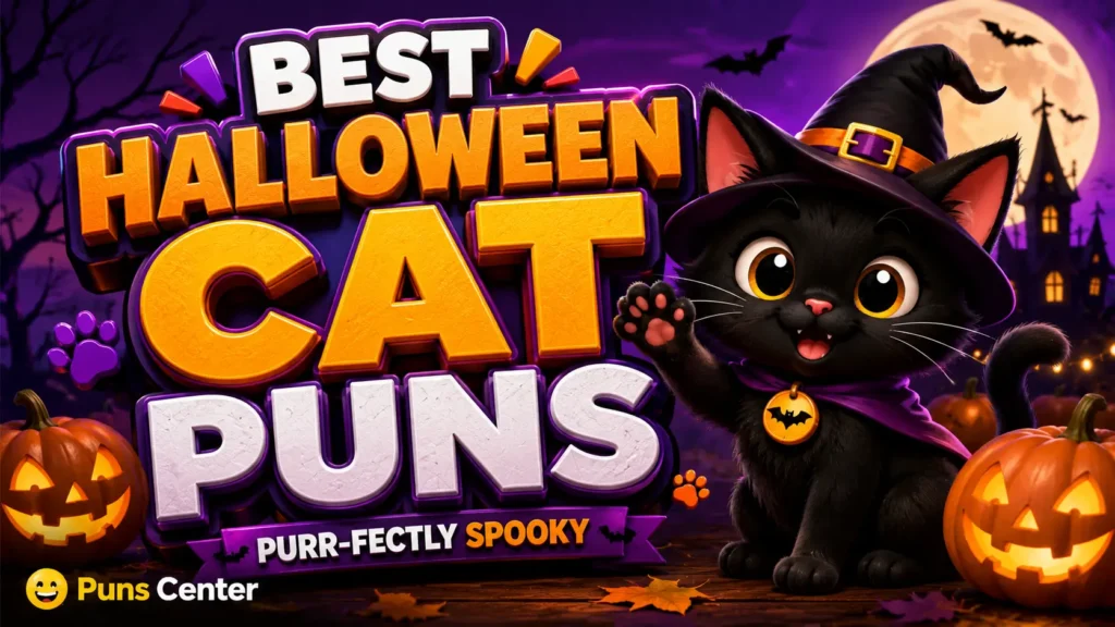 Halloween cat puns featured image with a spooky black cat, pumpkins, and bold 3D lettering
