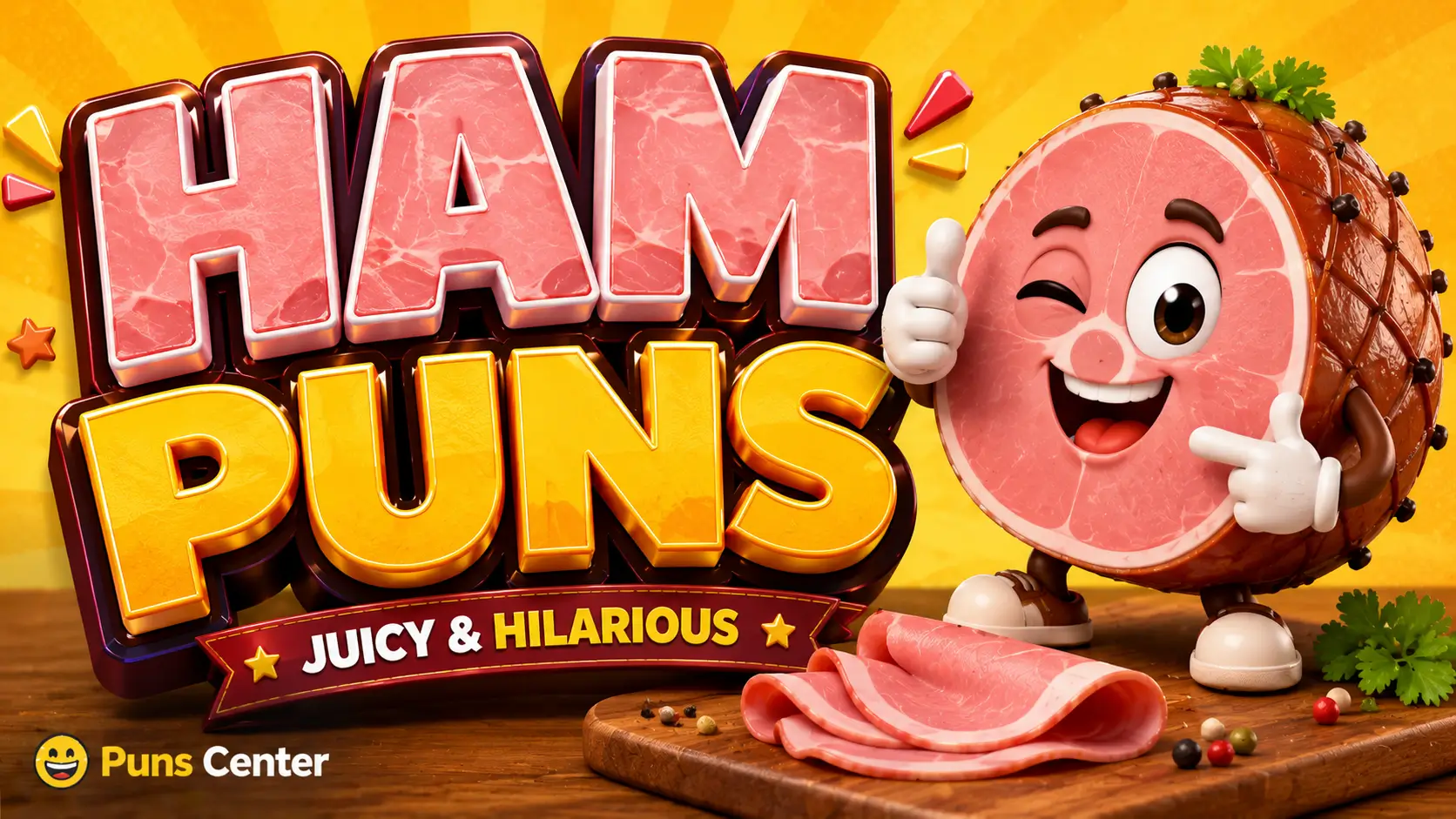 Funny ham puns featured image with a cheerful ham mascot