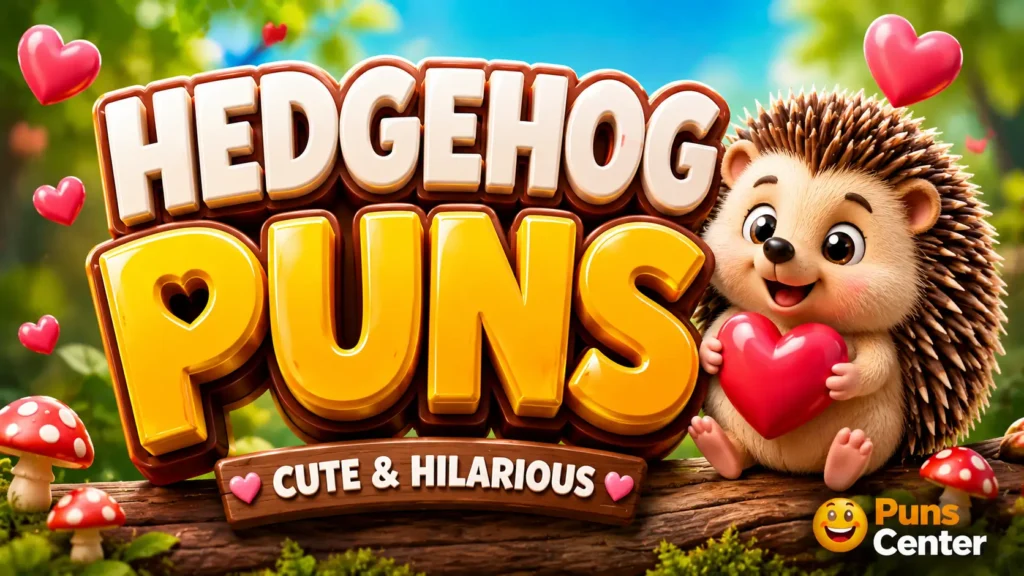 Cute hedgehog illustration featuring hedgehog puns in bold 3D lettering.