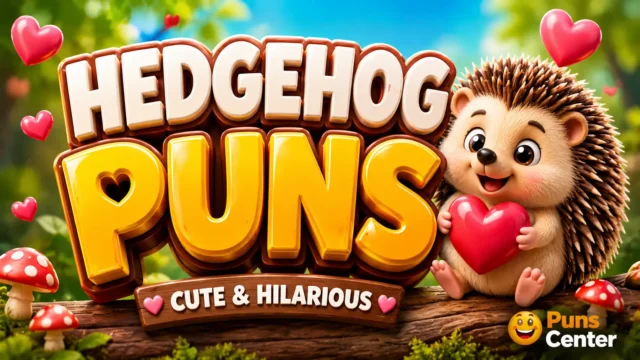 Cute hedgehog illustration featuring hedgehog puns in bold 3D lettering.