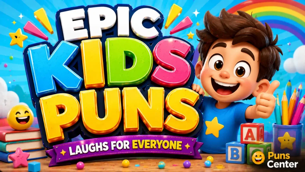 Kids puns featured image with colorful 3D typography and a playful cartoon mascot
