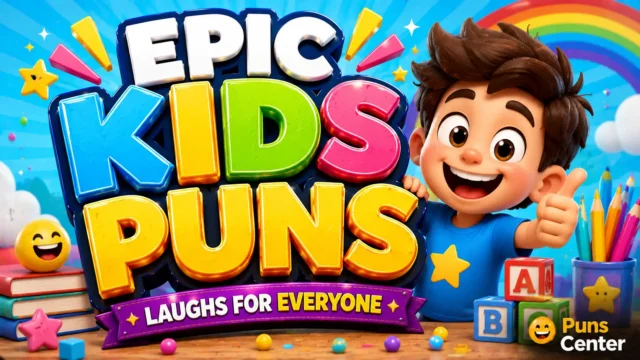 Kids puns featured image with colorful 3D typography and a playful cartoon mascot