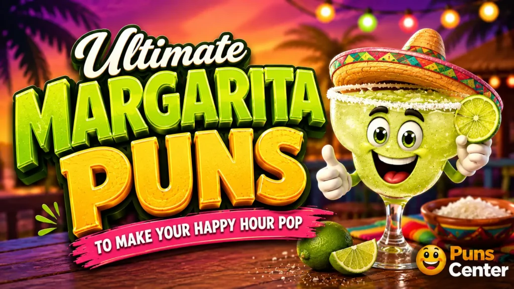 Margarita puns with a colorful margarita mascot, lime, salt rim, and tropical happy hour setting