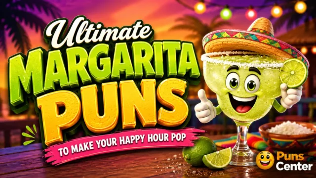Margarita puns with a colorful margarita mascot, lime, salt rim, and tropical happy hour setting