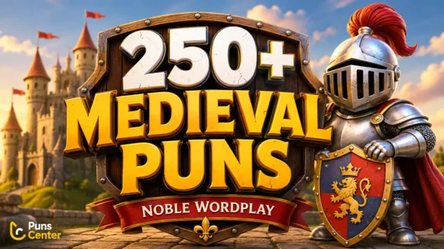 Colorful featured image for Medieval Puns with bold 3D title, friendly knight, castle background, and Puns Center branding.