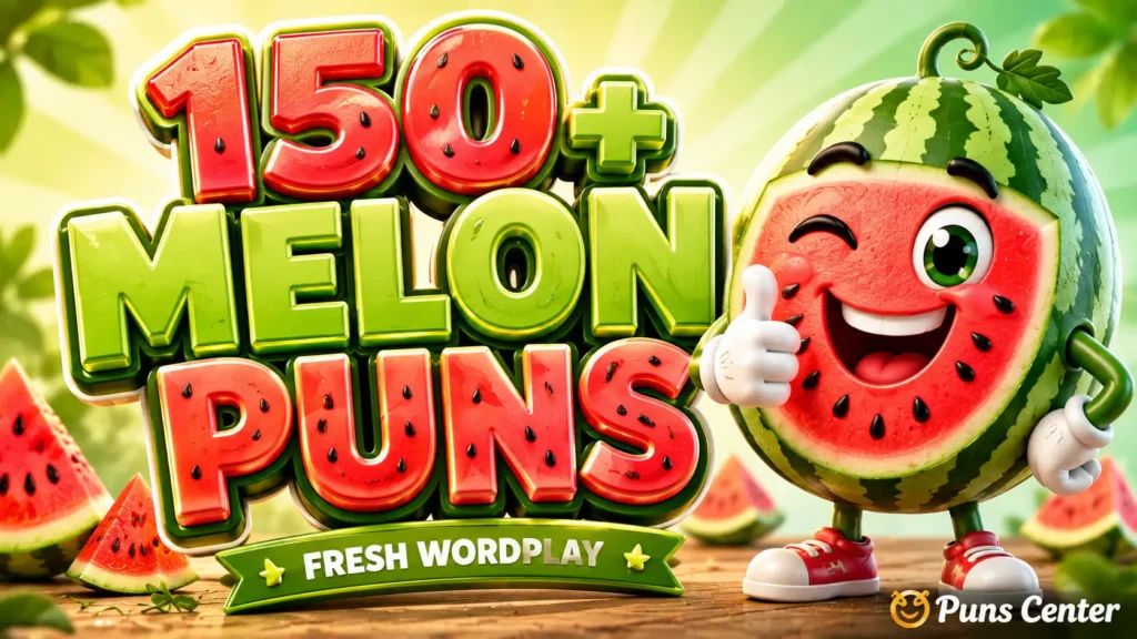 Featured image for melon puns with bold 3D lettering and a cheerful watermelon mascot.