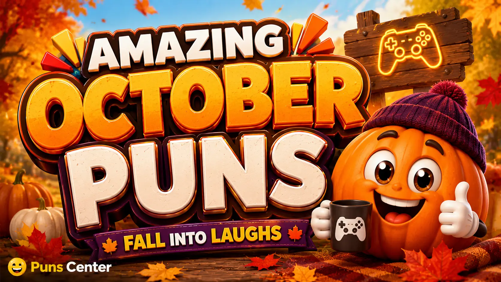 October puns featured image with colorful autumn leaves and playful fall design