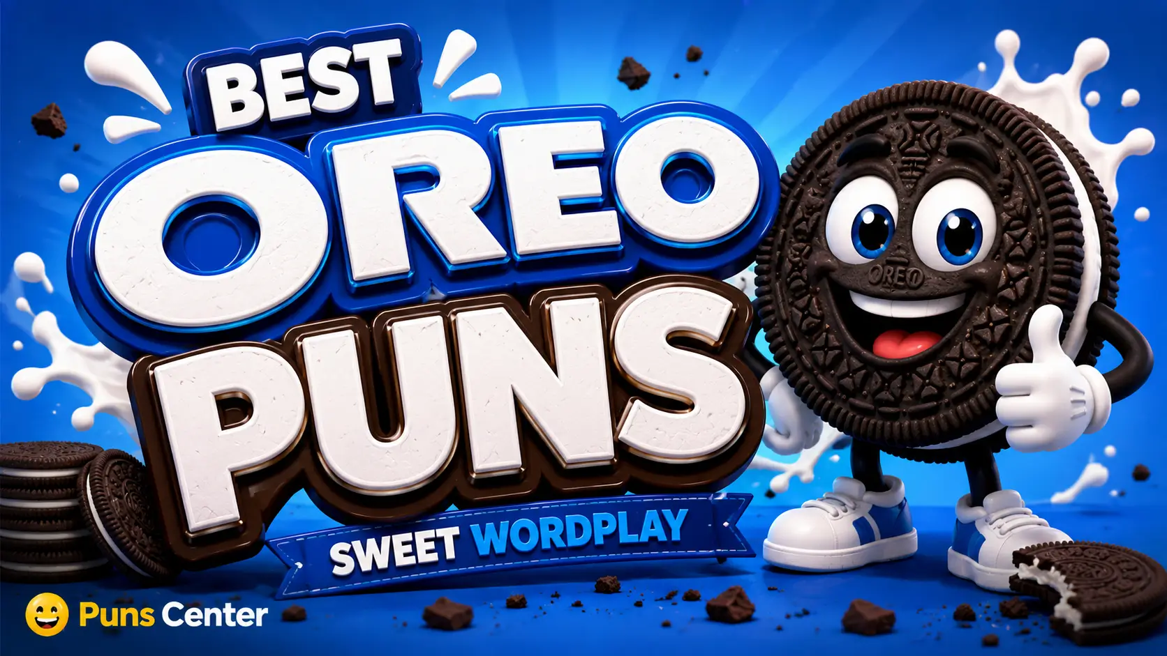 Best oreo puns featured image with a cheerful cookie mascot and bold 3D typography
