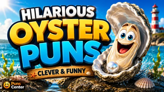 Oyster puns featured image with bold 3D typography and a cheerful cartoon oyster by the sea.