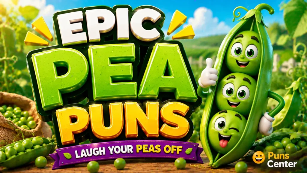 pea puns featured image with glossy 3D pea typography and a cheerful pea pod mascot