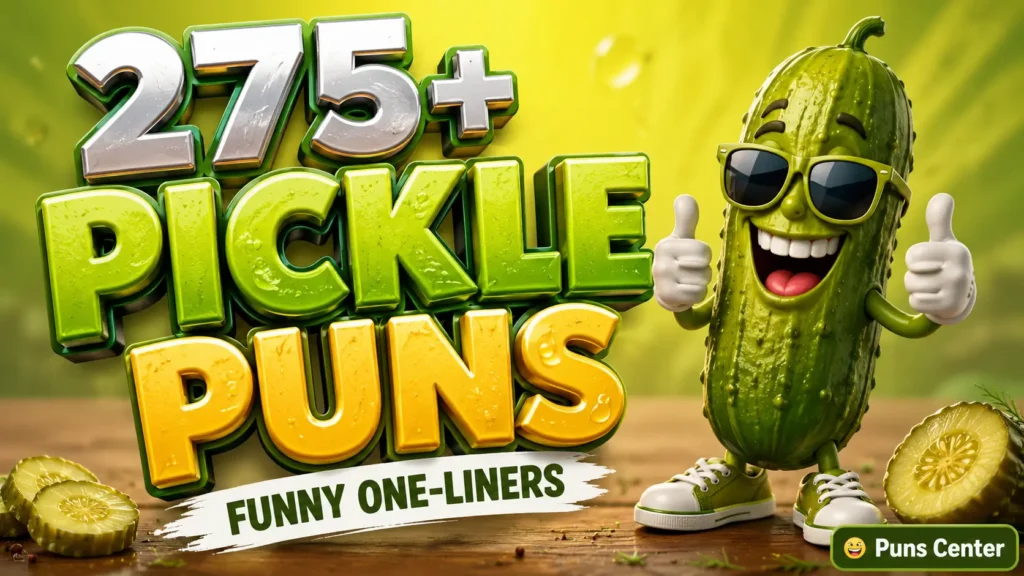 Featured image for pickle puns one liners with bold 3D text and a cheerful pickle mascot.