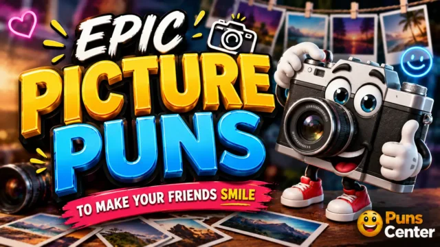Picture puns thumbnail with a cheerful cartoon camera, colorful photos, and bold 3D typography