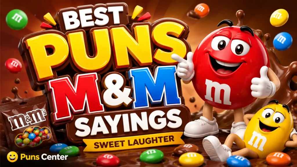 Puns M&M sayings in a colorful chocolate-themed featured image