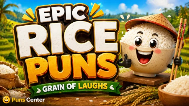Epic rice puns featured image with a cheerful rice bowl mascot and bold 3D typography