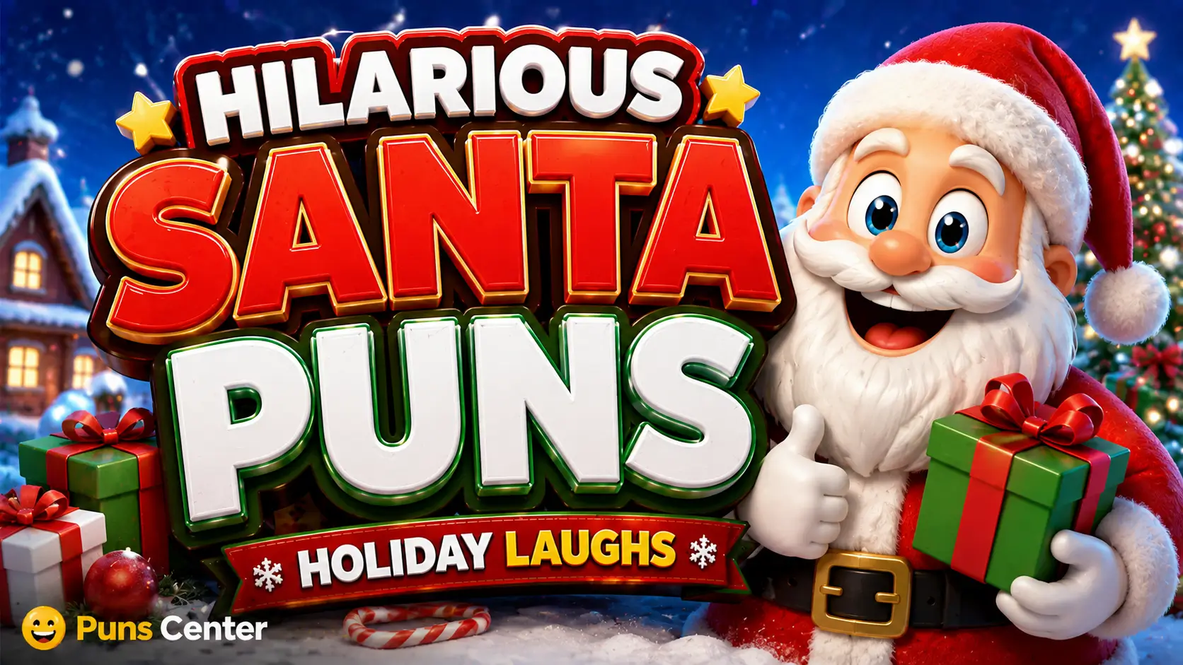 Santa puns featured image with cheerful Santa, Christmas gifts, and festive holiday decorations