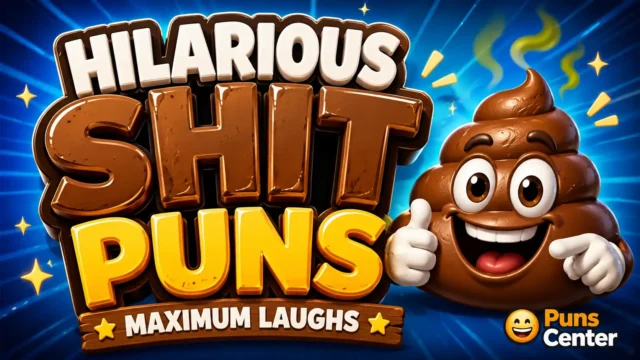 shit puns featured image with a cheerful cartoon poop mascot