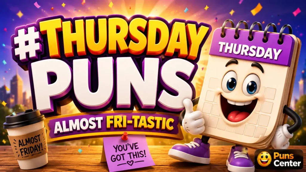 Thursday puns featured image with bold 3D typography and a cheerful Thursday calendar mascot.
