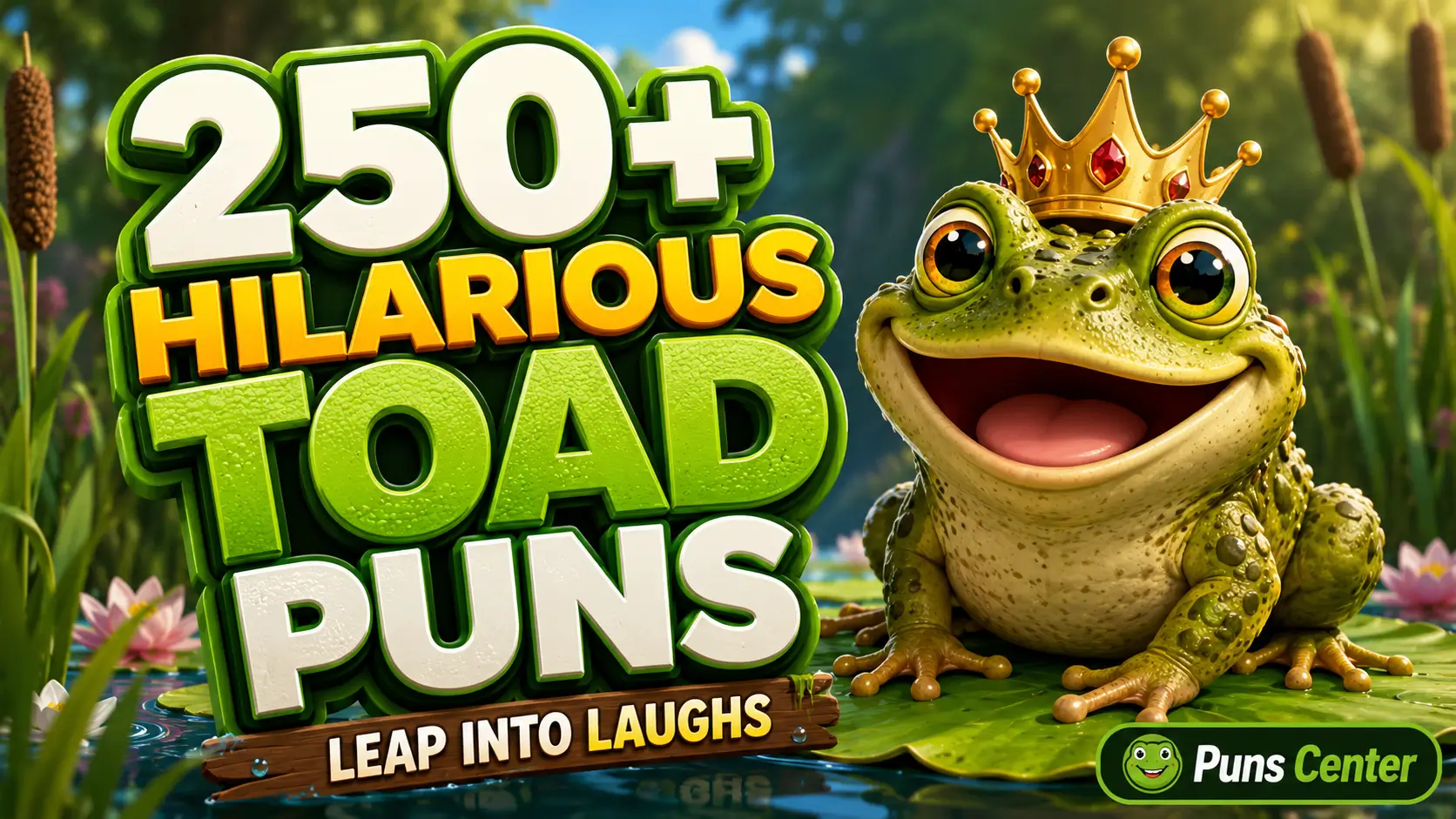 Featured image for toad puns with bold 3D typography, a smiling cartoon toad, and a bright pond background.