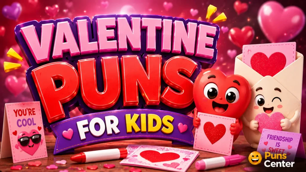 Valentine puns for kids featured image with colorful hearts, cards, and playful characters