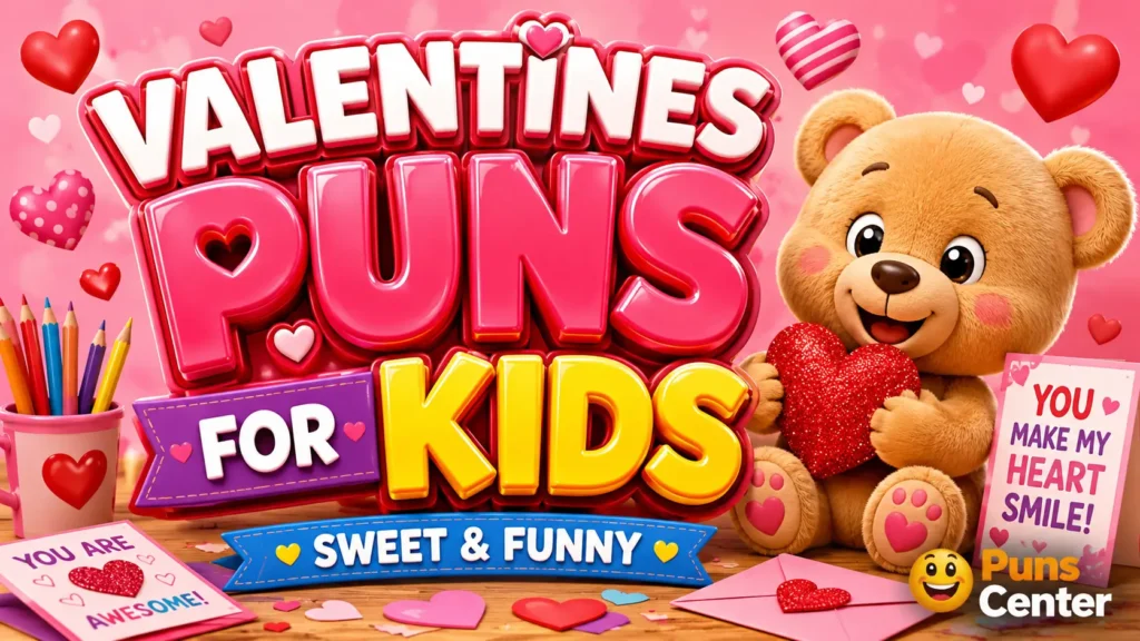 Colorful Valentine artwork featuring valentines puns for kids with a teddy bear, hearts, and 3D lettering.